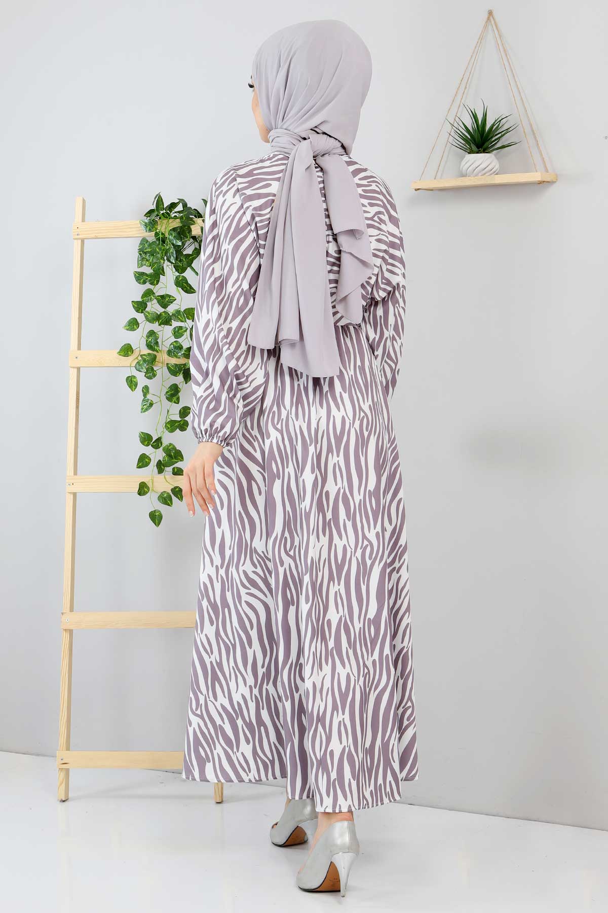 Women's Zebra Pattern Grey Modest Dress